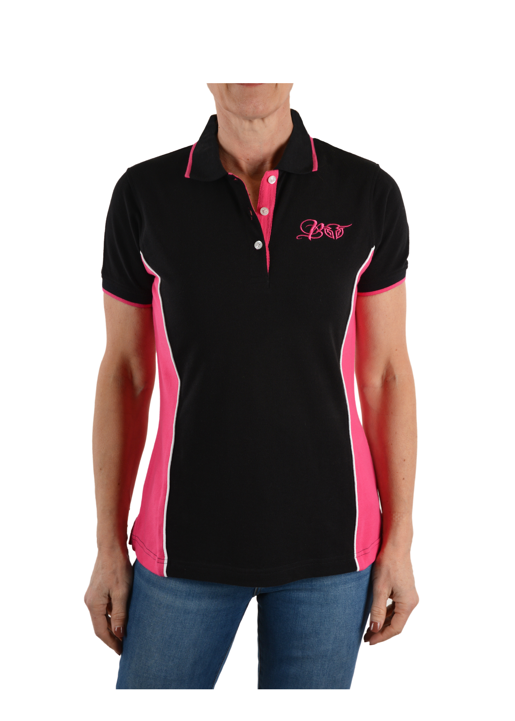 black and pink polo shirt