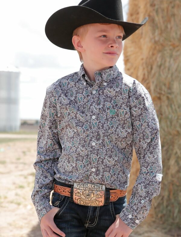 Cinch Boy's Paisley Print Shirt - Grey/Turquoise