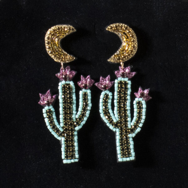 Silver Strike Beaded Cactus & Moon Earrings