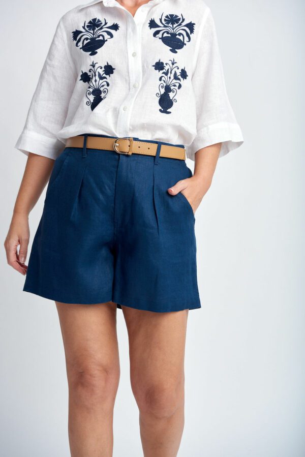 Goondiwindi Cotton Linen Stripe Shorts - Navy