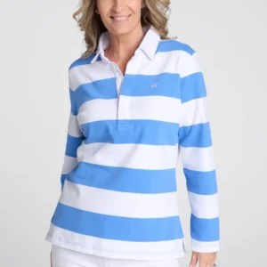 Goondiwindi Cotton Women's Stripe Collared Rugby - Blue Jasper/White