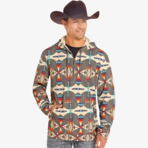 Rock & roll Men's Aztec Printed Pullover Hoodie - Grey