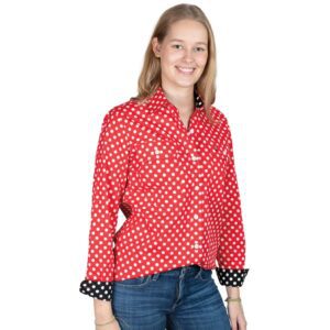 Just Country Women's Abbey Full Button Workshirt - Red Polka Dots/Black Polka Dots