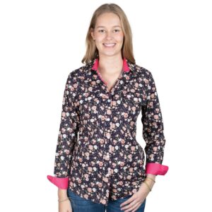 Just Country Women's Abbey Full Button Workshirt - Navy Peonies/Hot Pink