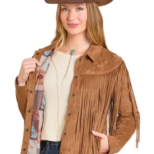 Panhandle Womens Fringe Suede Jacket - Camel