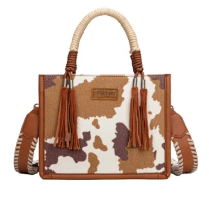 Wrangler Cow Print Tassel Crossbody Bag - Tan