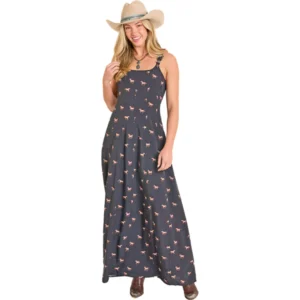 Rock & Roll Women's Buckle Strap Horse Print Maxi Dress - Black