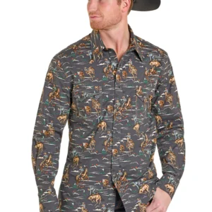 Panhandle Men's Vintage Conversational Print L/S Shirt - Charcoal