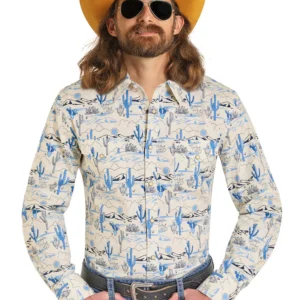 Rock & Roll Men's Dale Brisby Cactus Printed L/S Snap Shirt - Blue