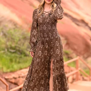 Rock & Roll Women's Challis Peasant Smocked Maxi Dress - Brown