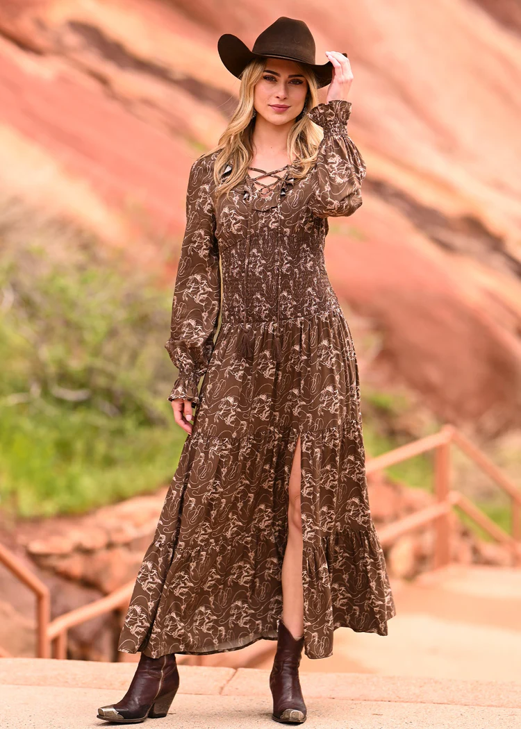 Rock & Roll Women's Challis Peasant Smocked Maxi Dress - Brown