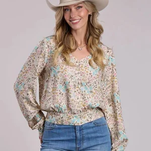 Stetson Women's Prairie Floral Long Sleeve Blouse - White