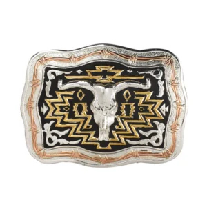 Crumrine Black & Gold Longhorn Skull Belt Buckle - Silver