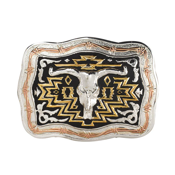 Crumrine Black & Gold Longhorn Skull Belt Buckle - Silver