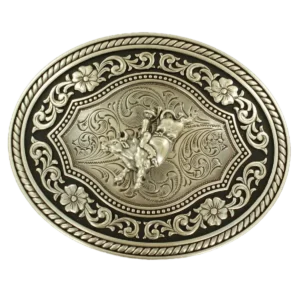 Nocona Scroll & Bull Belt Buckle - Silver