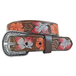 Roper Girl's Belt Genuine Buffalo Leather Painted Floral Embossed - Brown