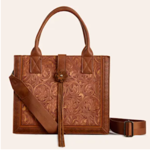 Justin Ladies Tooled Leather Small Tote Bag - Brown Floral