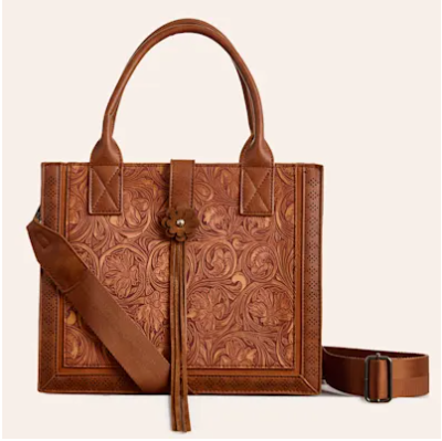 Justin Ladies Tooled Leather Small Tote Bag - Brown Floral