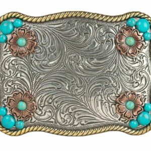 Blazin Roxx Flower Accent & Turquoise Stone Belt Buckle - Silver/Gold