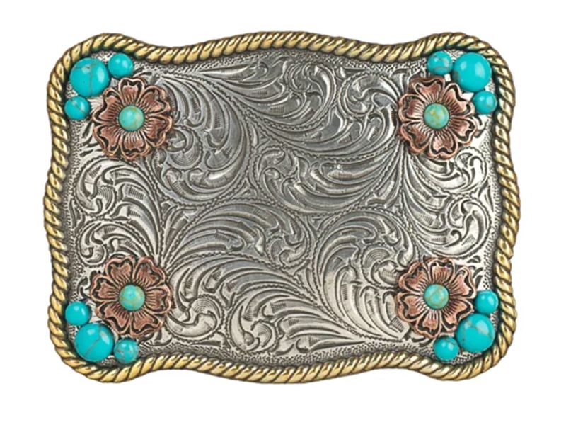 Blazin Roxx Flower Accent & Turquoise Stone Belt Buckle - Silver/Gold