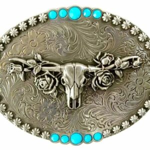 Blazin Roxx Oval Longhorn Roses Belt Buckle - Silver