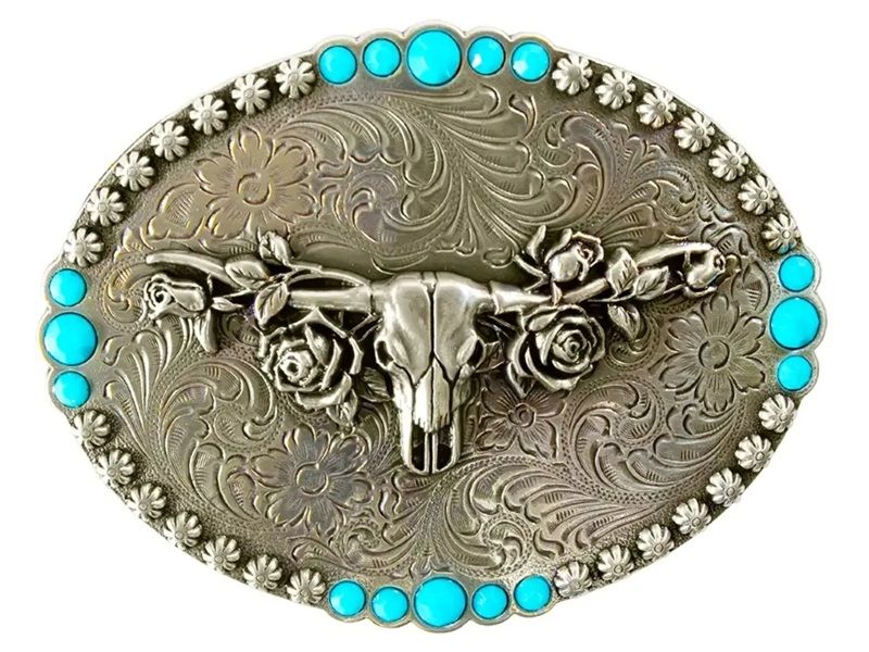 Blazin Roxx Oval Longhorn Roses Belt Buckle - Silver